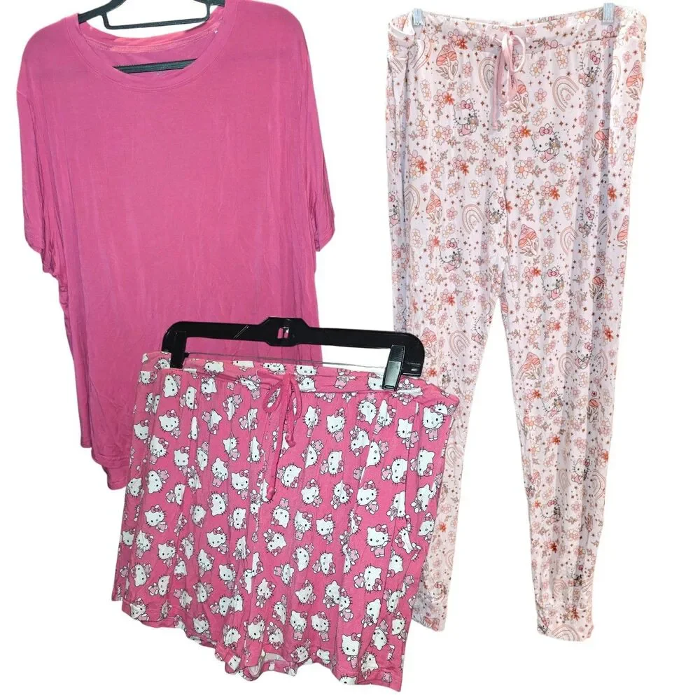 LITTLE SNUGGLES x HELLO KITTY Sz XXL 3pc AOP Bamboo Pajama Top Shorts Pants Set
